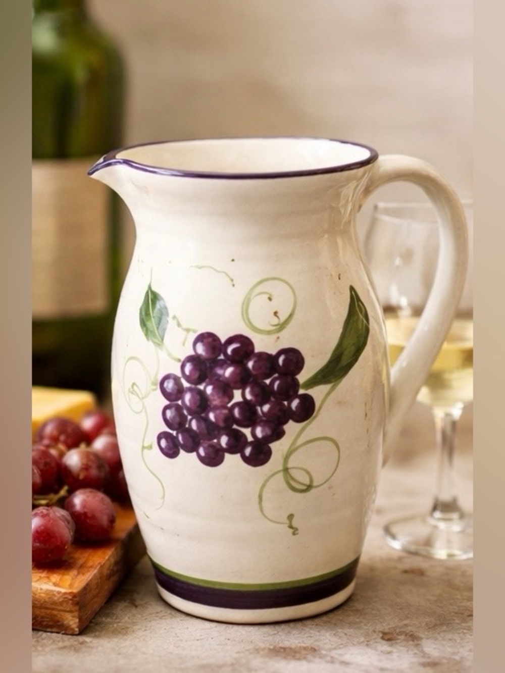 Vintage Hand Painted Grape Pitcher Italian Pottery Carafe Vase Signed Majolica